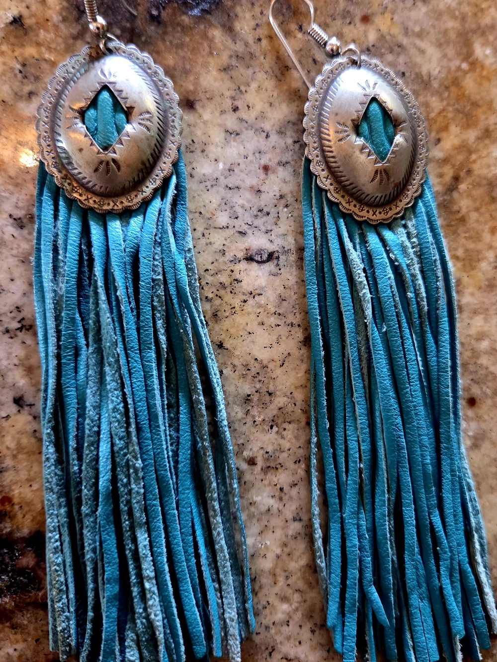 Turquoise Color Fringe Leather Drop Earrings - Unknown Brand-Vintage
